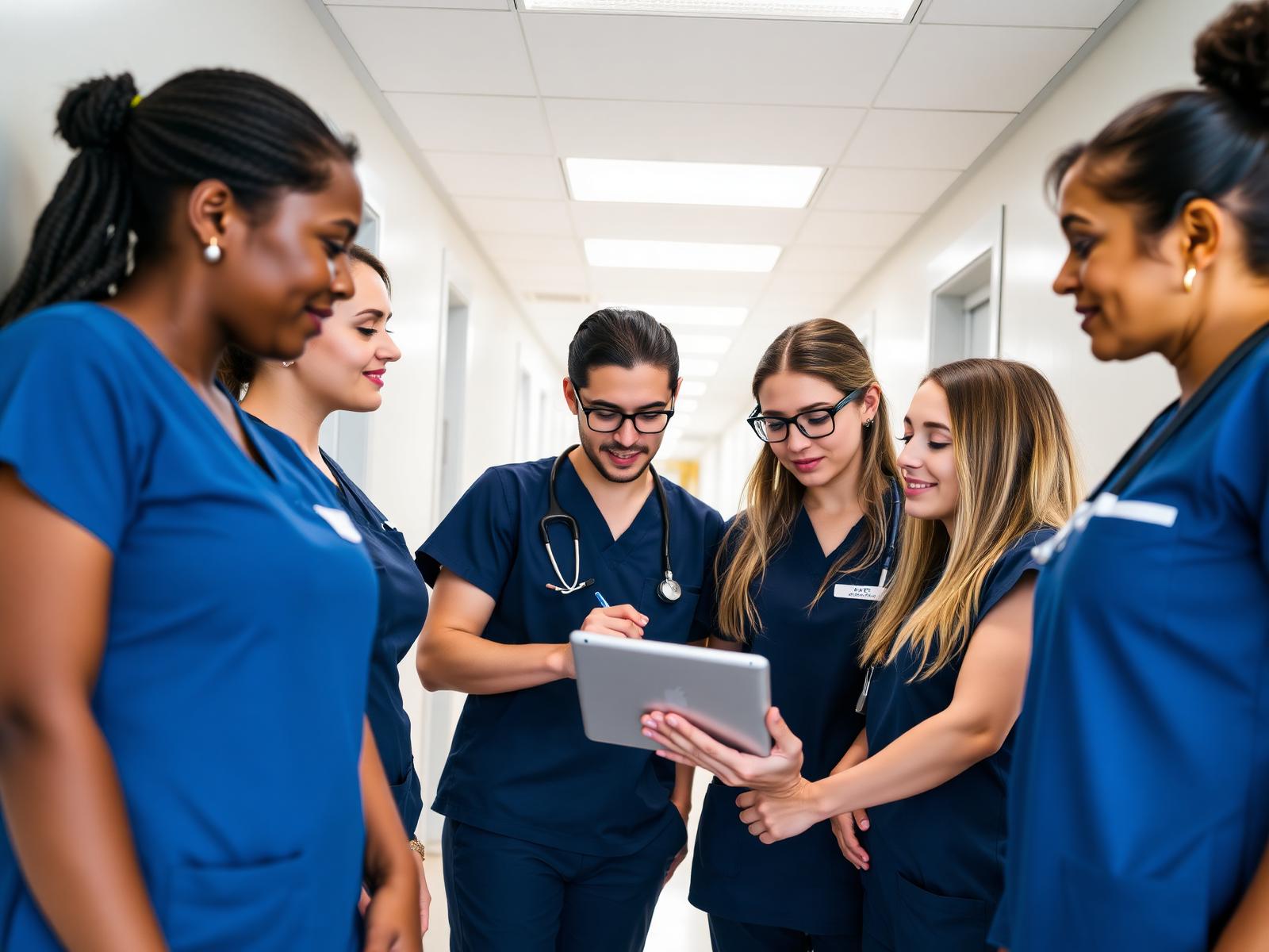 Allied health students collaborating in a hospital corridor