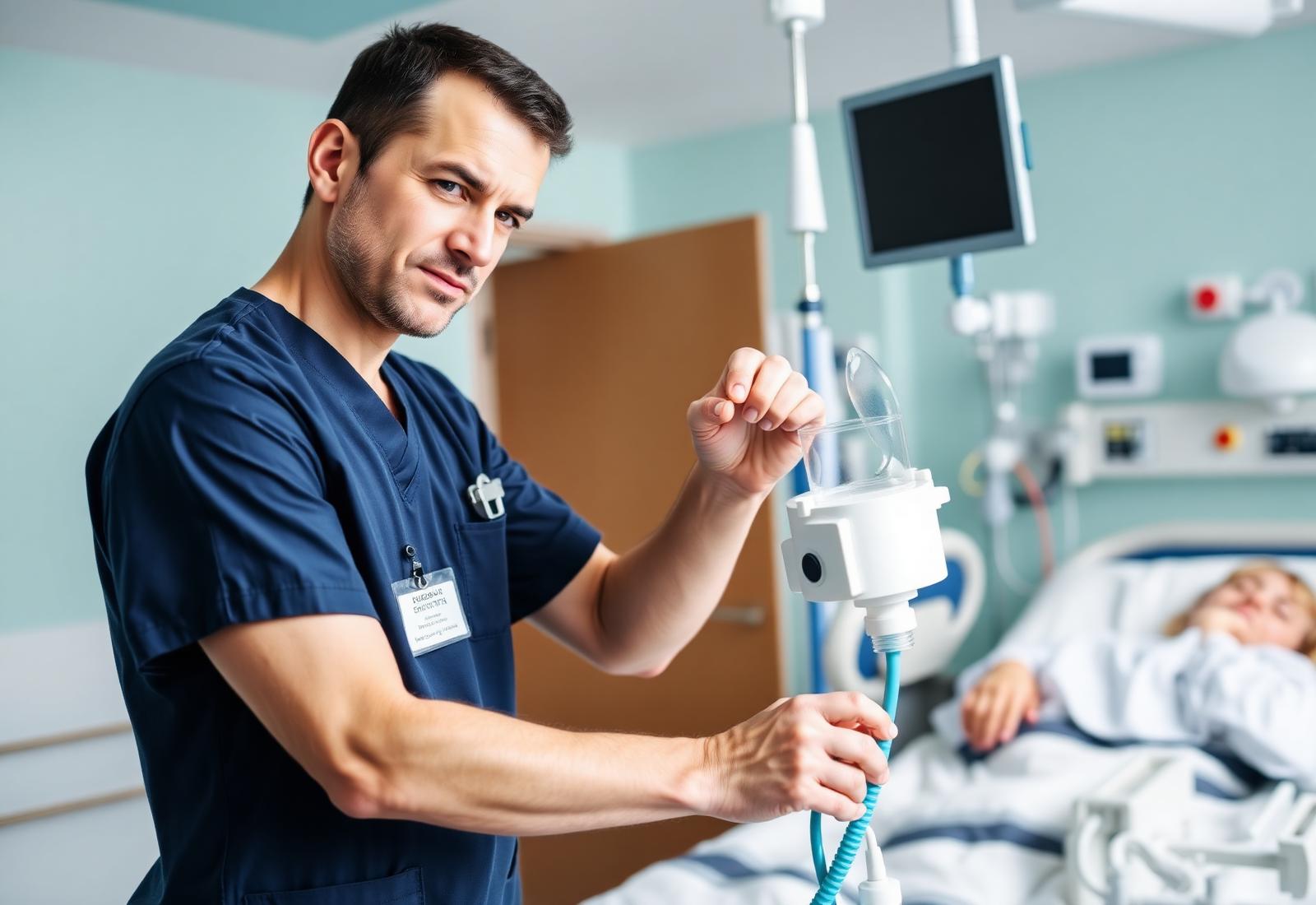 Respiratory therapist working with a ventilator in the ICU